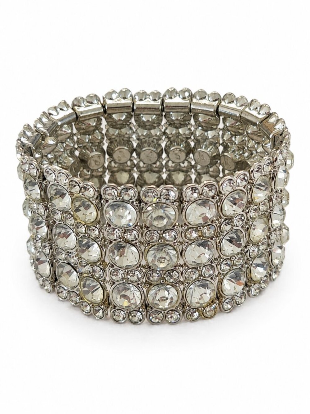 Wide Crystal Rhinestone Stretch Statement Bracelet Silver Tone 40mm